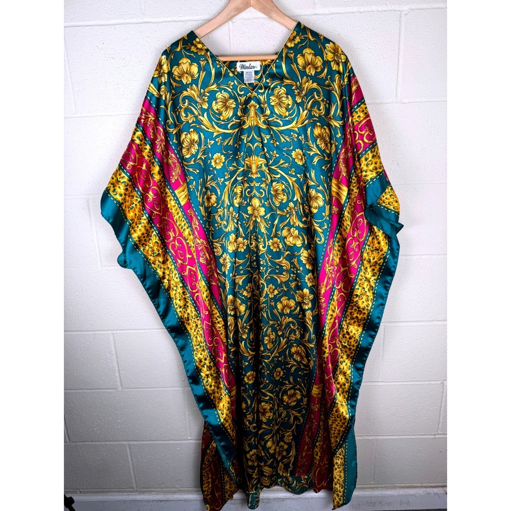 WINLAR Beautiful Teal Green, Pink, and Gold Baroque Floral Pattern Long Kaftan